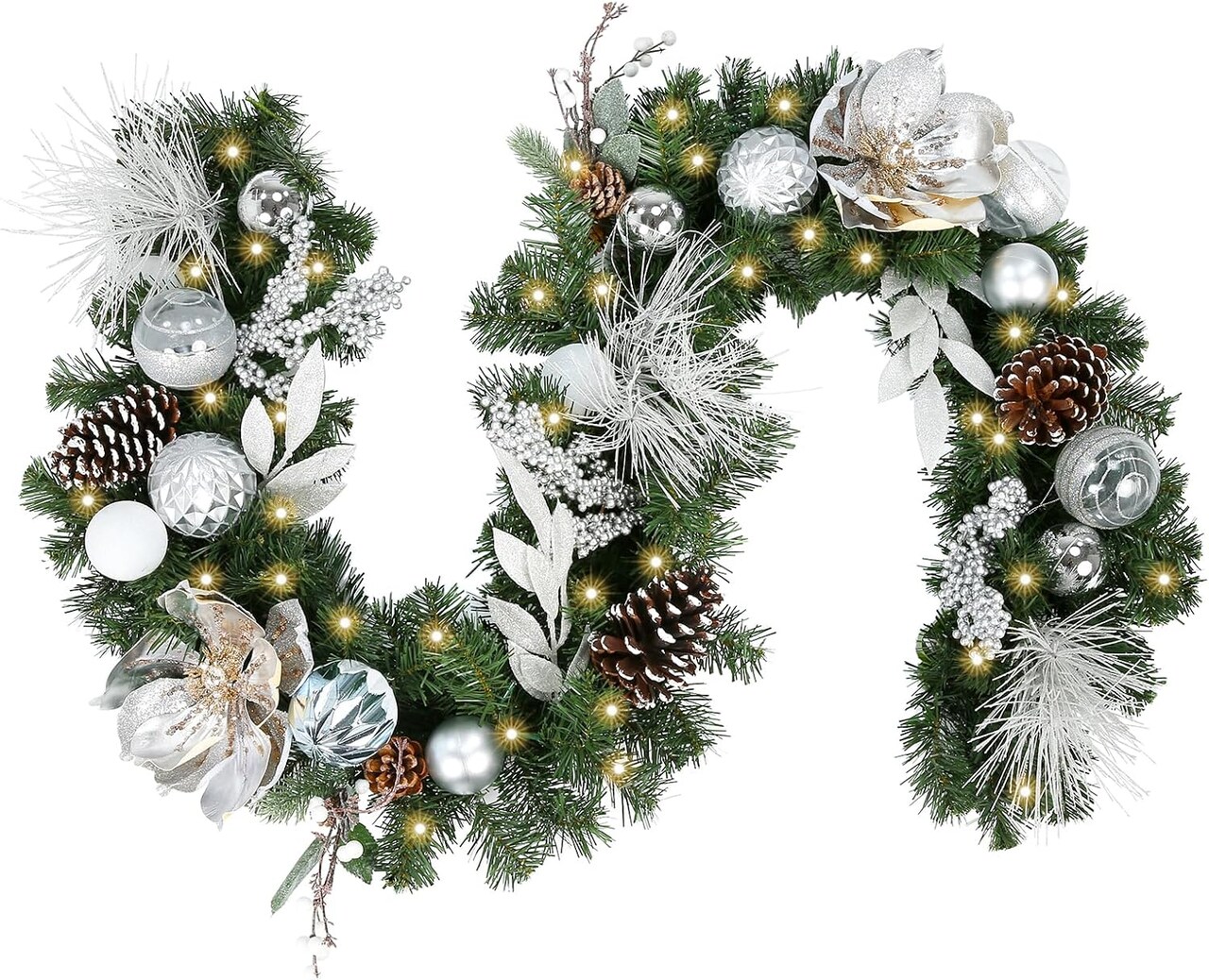 Pre-lit 6 Feet/72 Inch Christmas Garland, White & Silver Lighted Garland with 35 LED Lights for Indoor Outdoor Xmas Decor Holiday Decorations, Battery Operated (Batteries NOT Included)